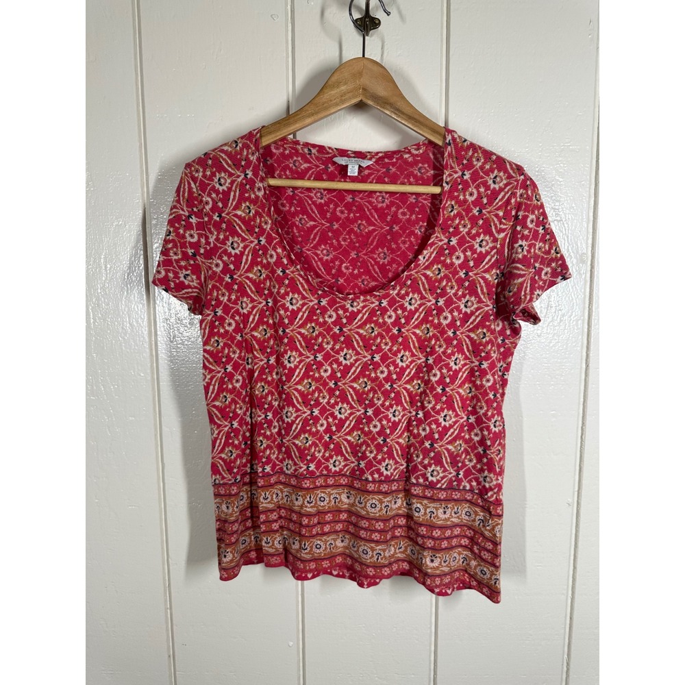 Lucky Brand Top Womens M Red Floral Scoop Neck Short Sleeve Boho Casual 7702